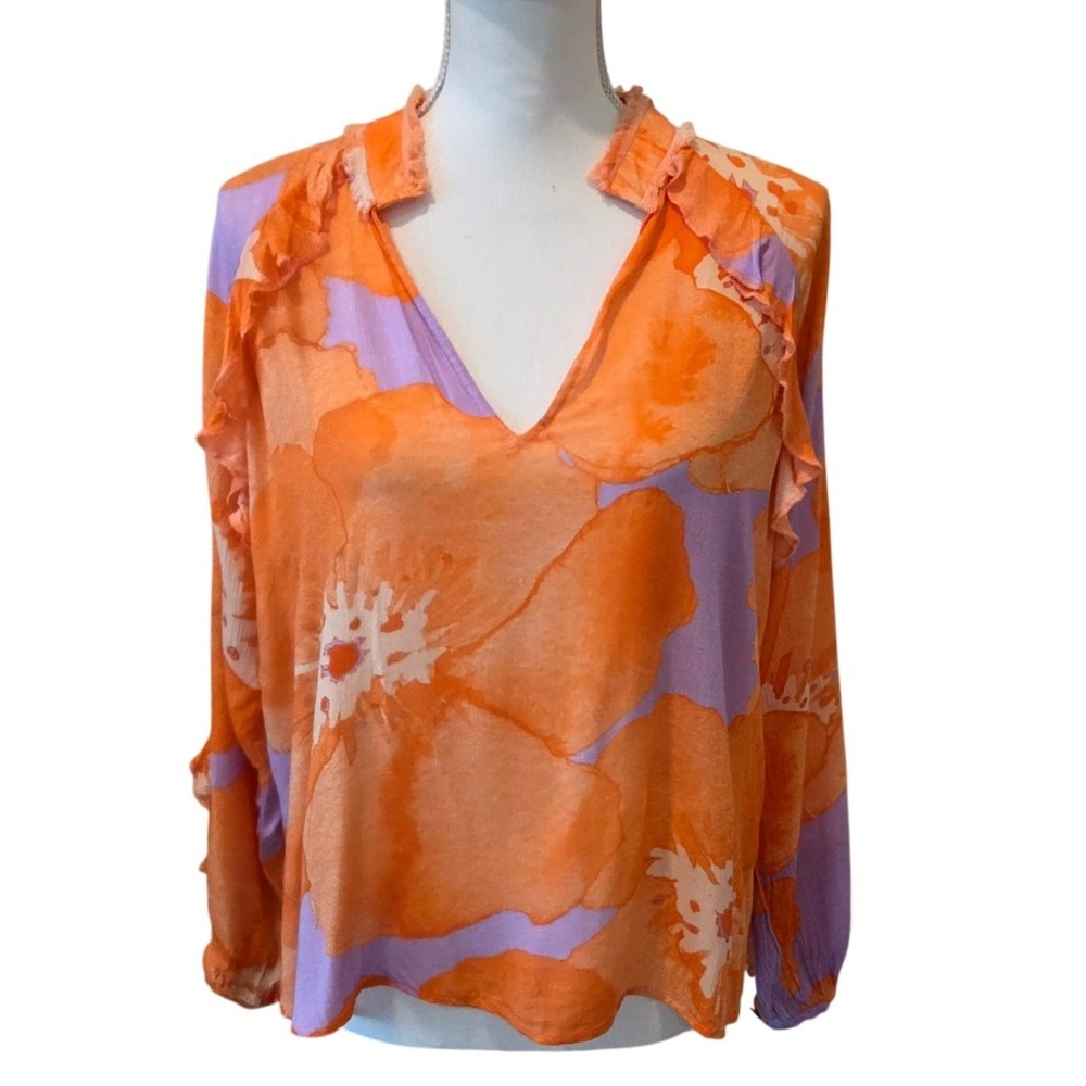 Hutch Blouse Rayon Floral Ruffle Relaxed Orange Purple Boho Summer Small